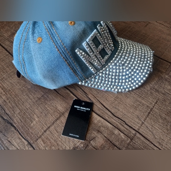 NY Rhinestone Embellished Jean Baseball Cap - Picture 2 of 6